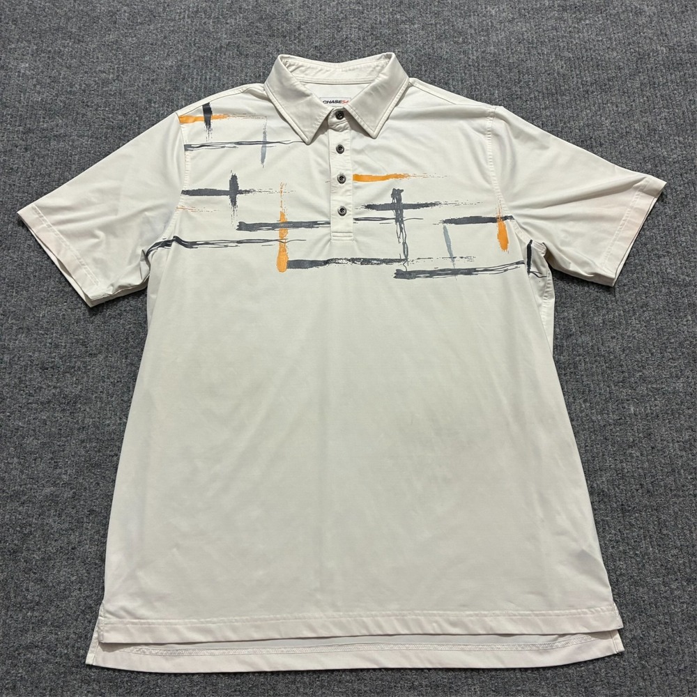 Chase54 Mens Polo Shirt Size XL White Abstract Brushstroke Casual Short‎ Sleeve